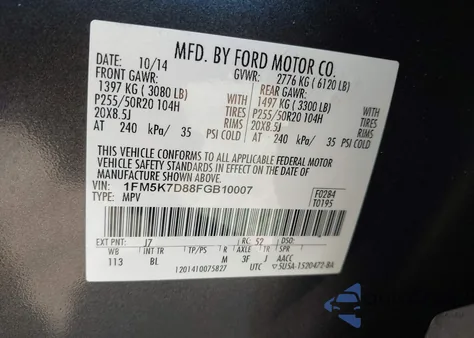 2015 Ford Explorer Xlt from USA, damaged, VIN 1FM5K7D88FGB10007